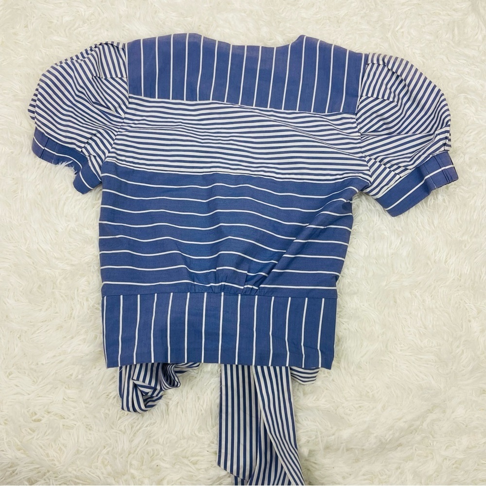 NEW YORK & COMPANY navy & white striped tie waist wrap puff sleeve blouse SZ S - Picture 9 of 14